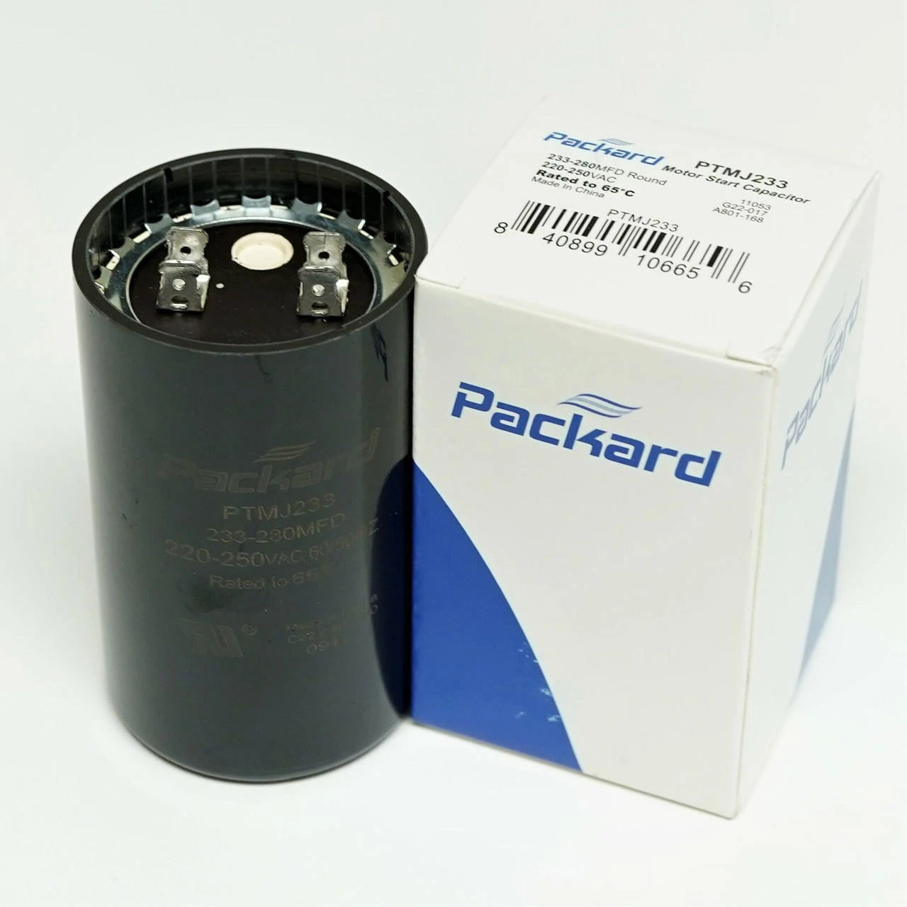 Packard PTMJ233 Motor Start Capacitor. 233-280 MFD UF / 220-250 VAC 3 Packard PTMJ233 Motor Start Capacitor. 233-280 MFD UF / 220-250 VAC