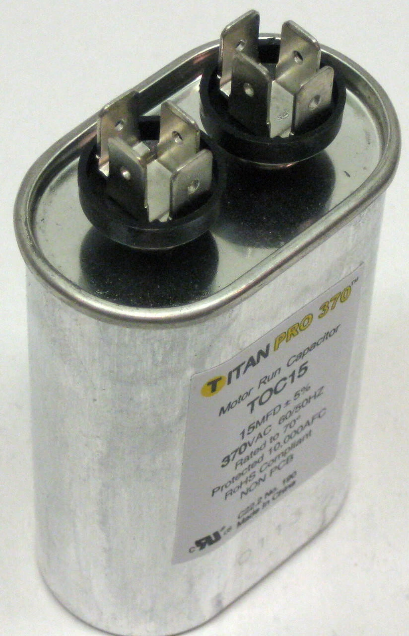 TitanPro TOC15 HVAC Oval Motor Run Capacitor. 15 MFD/UF 370 Volts 3 TitanPro TOC15 HVAC Oval Motor Run Capacitor. 15 MFD/UF 370 Volts