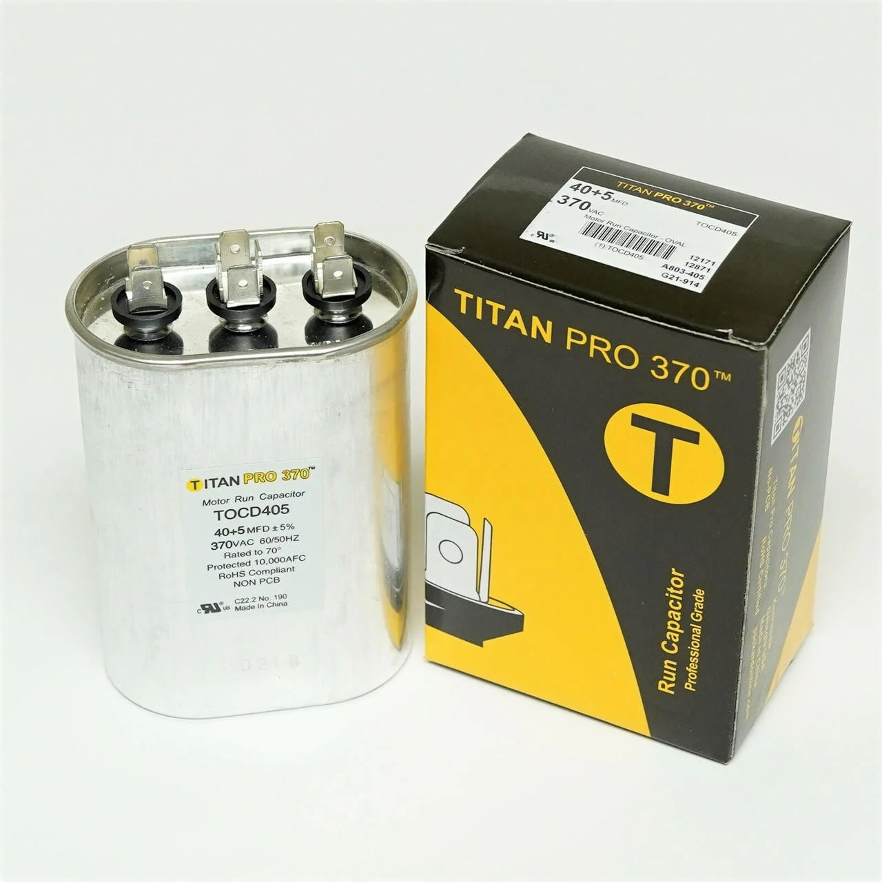TitanPro TOCD405 HVAC Oval Dual Motor Run Capacitor. 40/5 MFD/UF 370 Volts 3 TitanPro TOCD405 HVAC Oval Dual Motor Run Capacitor. 40/5 MFD/UF 370 Volts