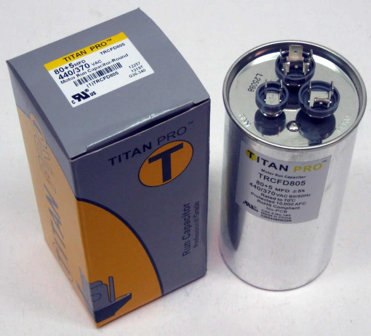 TitanPro TRCFD805 HVAC Round Dual Motor Run Capacitor. 80/5 MFD/UF440/370 Volts 3 TitanPro TRCFD805 HVAC Round Dual Motor Run Capacitor. 80/5 MFD/UF440/370 Volts